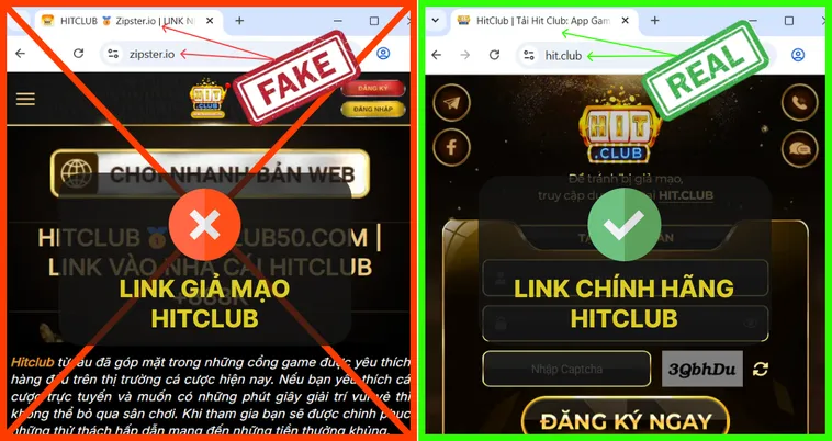 Trang chủ Hit.Club thật có giao diện gọn gàng, bố cục cân đối, còn trang giả Hit.Club thường lộn xộn và thiếu chi tiết.